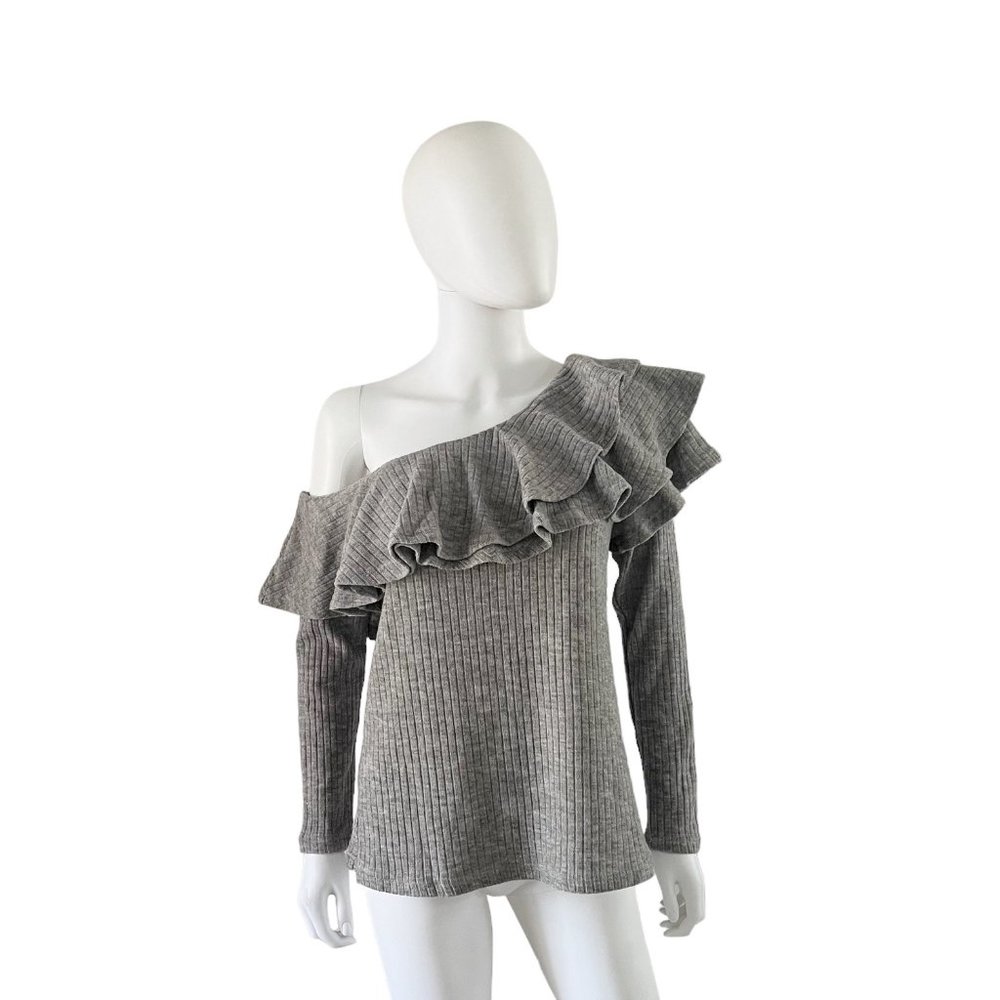 Storee One Shoulder Ruffle Knit Top Gray Large NWT